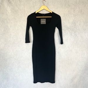 Quarter sleeve black ribbed midi dress rounded square neck dress